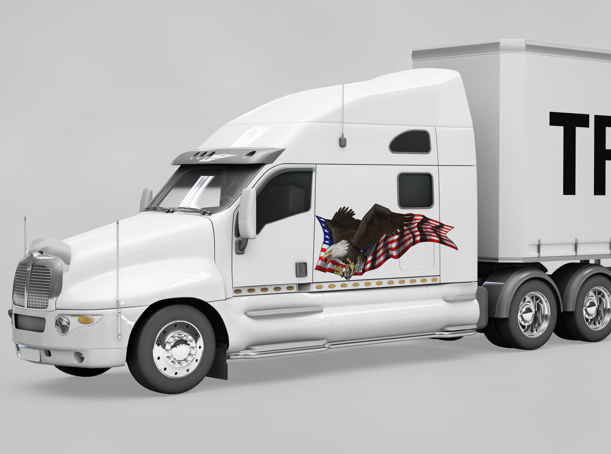 American flag bald eagle decal on white semi truck